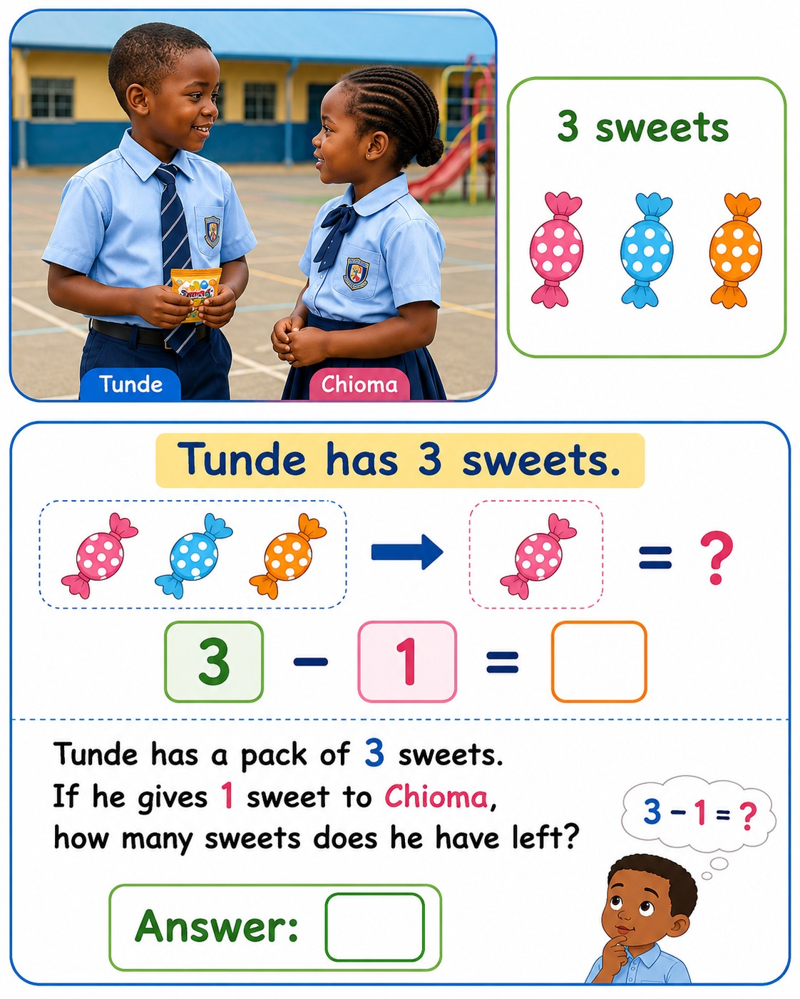 Sample TeacherHelp worksheet: a photo of two Nigerian primary school pupils, Tunde and Chioma, alongside a Primary 3 Mathematics subtraction word problem with working space